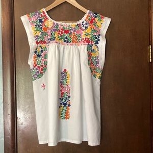 Mi Golondrina Women's  Flores Tunic Top in White with Multi Embroidered Size XL